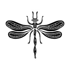 Dragonfly linocut illustration, draw, ink, vector. A black dragonfly with a white ornament inside. Waiting for postcards, posters, fabric and Wallpaper design, wall decoration. Hand drawn style