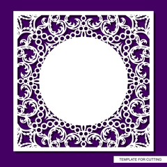 Beautiful square frame with lace border and place for text. Openwork floral pattern from leaves. Blank for cards, wedding invitations, certificates. Template for plotter laser cutting (cnc). Vector.