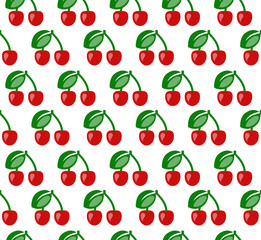 Cherry pattern background. Luscious cherries with green leaves.
