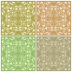 Set of square panels in gold, beige, brown, green colors. Floor or wall tile design. Classic openwork floral ornament made of thin leaves and flowers. Square abstract texture. Vector illustration.