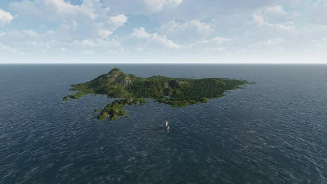Green island in the middle of the ocean, sailing boat approaching