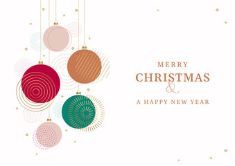 Christmas and New Year greeting card. Abstract vector illustration of Christmas decoration balls for office and business projects. Modern geometric design. Can be used for banners, holiday invitations