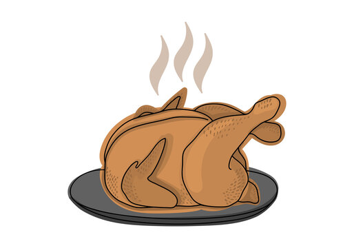 Cooked turkey for thanksgiving. Roast or fried hot chicken. Christmas meal symbol. Vector illustration.
