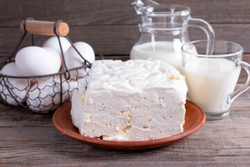 Milk products and eggs on the table