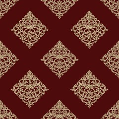 Maroon seamless background with golden classic pattern. Square endless texture with elegant floral ornament rhombus-shaped. Template for wallpaper, textile, web, wrapping paper. Vector illustration.