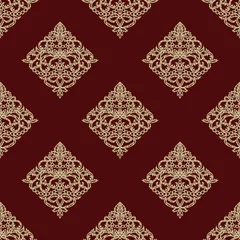Wall murals Bordeaux Maroon seamless background with golden classic pattern. Square endless texture with elegant floral ornament rhombus-shaped. Template for wallpaper, textile, web, wrapping paper. Vector illustration.