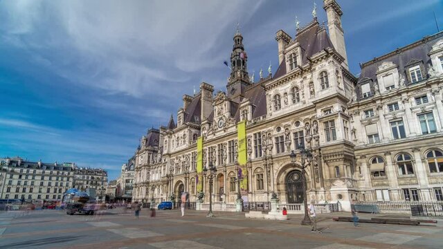 Hotel de Ville or Paris city hall timelapse hyperlapse in sunny day. This building has been used as the location of the municipality of Paris since 1357