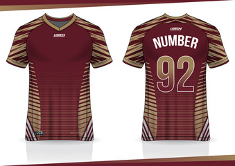 Soccer jersey mockup. t-shirt sport design template, uniform front and back view. maroon gold color	