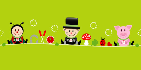 Banner Sitzender Marienkäfer Schornsteinfeger und Schwein Icons Grün