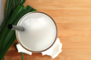 Healthy food concept. Fresh Organic Coconut Water, copy space top view.