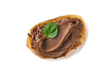 Slice of bread with chocolate paste on white