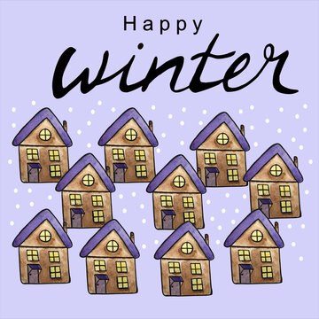 Fairy-tale houses in winter, rural cottages, alpine chalets, mountain cottages, country holidays. Watercolor illustration for greeting card, banner, flyer.