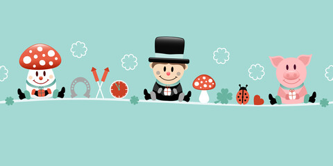 Banner Sitzender Fliegenpilz Schornsteinfeger Und Schwein Icons Türkis