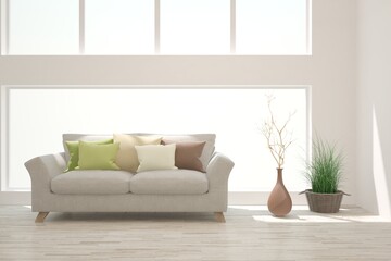 White living room with sofa. Scandinavian interior design. 3D illustration