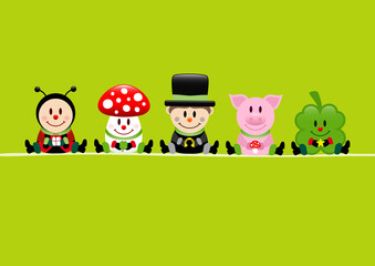 Fototapeta premium Karte Marienkäfer Fliegenpilz Schornsteinfeger Schwein Und Kleeblatt Grün