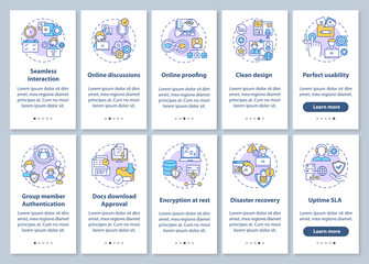 Remote work app features onboarding mobile app page screen with concepts set. Security parameters walkthrough 5 steps graphic instructions. UI vector template with RGB color illustrations