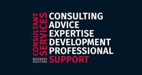 Consultant Services. Business Solutions. Animated word cloud text. Kinetic typography Animation.