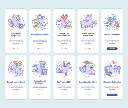 Essential supps, consumption tips onboarding mobile app page screen with concepts set. Maintaining health walkthrough 5 steps graphic instructions. UI vector template with RGB color illustrations