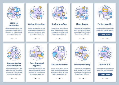 Remote work app features onboarding mobile app page screen with concepts set. Security parameters walkthrough 5 steps graphic instructions. UI vector template with RGB color illustrations