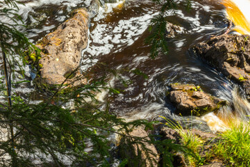 beautiful, natural, cascading waterfall with rocks, green plants in the forest, Park in summer on a nice, clear day
