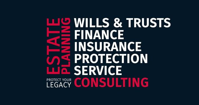 Estate Planning. Protect your legacy. Animated word cloud text. Kinetic typography Animation.