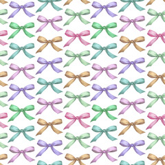 Seamless pattern with colorful gift striped bows. Watercolor holiday background. Hand-drawn art.
