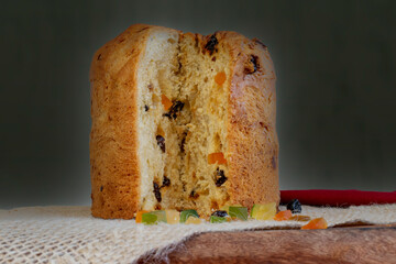 Panettone, Italian Christmas Cake with Candied Fruit. defocused dark background