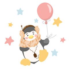 Cheerful penguin in headphones with a balloon. Vector illustration. Congratulations postcard design element.
