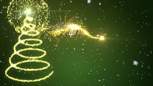 Stylish Green Christmas Motion Graphic with animated snow and spiral Christmas tree in glittering sparkles with a firework burst revealing the star on top, and the message �Happy Holidays�