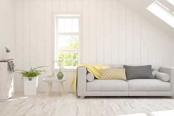White living room with sofa. Scandinavian interior design. 3D illustration
