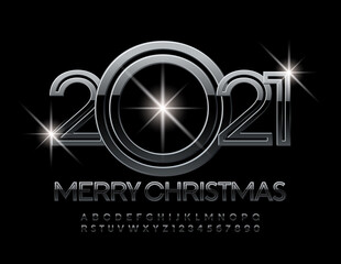 Vector stylish greeting card Merry Christmas 2021! Glossy creative Fonts. Modern Alphabet Letters and Numbers set