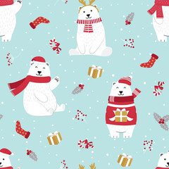 Christmas seamless pattern with polar bear background, Winter pattern with holly berry, wrapping paper, winter greetings, web page background, Christmas and New Year greeting cards