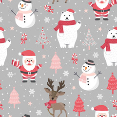 Christmas seamless pattern with santa and polar bear background, Winter pattern with reindeer, wrapping paper, winter greetings, web page background, Christmas and New Year greeting cards