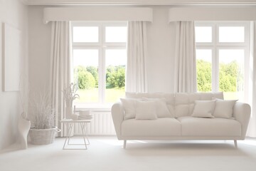 White living room with sofa and summer landscape in window. Scandinavian interior design. 3D illustration