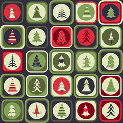 Geometric pattern with different christmas trees. Seamless Christmas pattern in retro style. Vector background for fabric, wallpaper, posters, children's prints, gift wrapping and paper