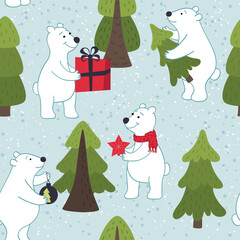 Polar Bears in winter seamless pattern. Bears are preparing for Christmas, preparing gifts, decorate the Christmas tree. Vector background for fabric, wallpaper, gift wrapping paper.