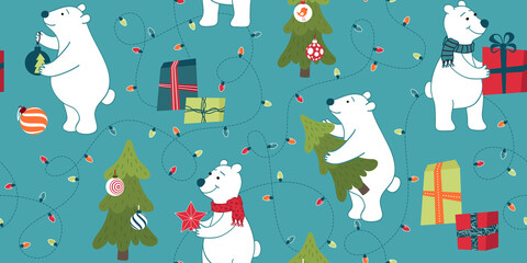 Polar Bears in winter seamless pattern. Bears are preparing for Christmas, preparing gifts, decorate the Christmas tree. Vector background for fabric, wallpaper, gift wrapping paper.