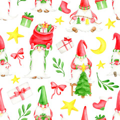 Watercolor Christmas seamless pattern. Hand drawn nordic elf, gift box, red bow, mistletoe leaves, star and christmas sock isolated on white. New year decoration for wrapping, wallpaper, print design