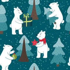 Polar Bears in winter seamless pattern. Bears are preparing for Christmas, preparing gifts, decorate the Christmas tree. Vector background for fabric, wallpaper, gift wrapping paper.