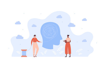 Mental health care concept. Vector flat people character illustration. Female patient and african american woman psychologist meeting. Psychological therapy session. Human head with tangled thread.