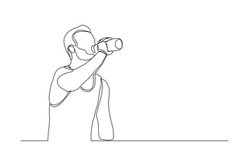 Continuous line drawing of sporty man drink energy water from bottle. One line art concept of healthy life style. Vector illustration