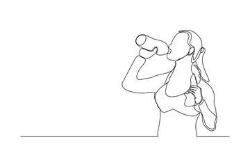 Continuous line drawing of sporty woman drink energy water from bottle. One line art concept of healthy life style. Vector illustration