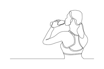 Continuous line drawing of sporty woman drink energy water from bottle. One line art concept of healthy life style. Vector illustration