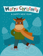 Funny bull ice skating. New year banner for your design. Vector Christmas card template. Bull symbol of the new year 2021