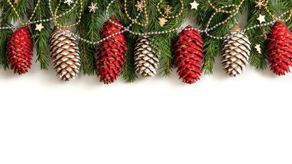 Fototapeta premium Fir branches, cones, and ornaments stand against an isolated background.
