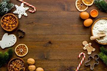 Cooking icing Christmas cookies gingerbread, flat lay, top view