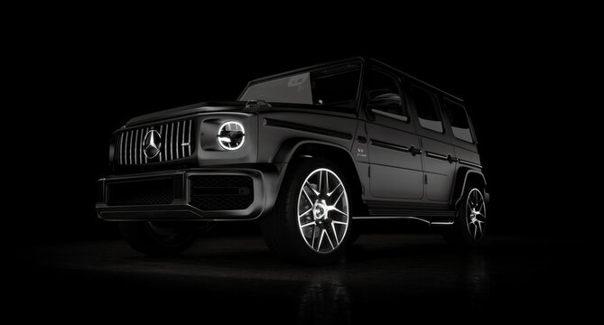 Moscow, Russia June, 2020: Mercedes-AMG G 63 Exclusive Edition at black background, G-class off-road car produced by Mercedes-Benz