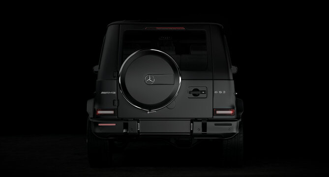 Moscow, Russia June, 2020: Mercedes-AMG G 63 Exclusive Edition at black background, G-class off-road car produced by Mercedes-Benz