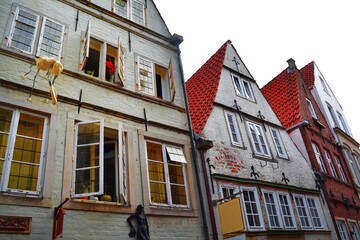 Facades of an old building, Schnoor street (Schnoorviertel), Bremen, Germany, Europe.