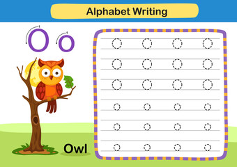 Alphabet Letter exercise O-Owl with cartoon vocabulary illustration, vector